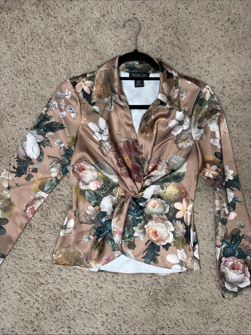NWOT Rachel Zoe Blush Satin Floral Twist-Front Blouse XS